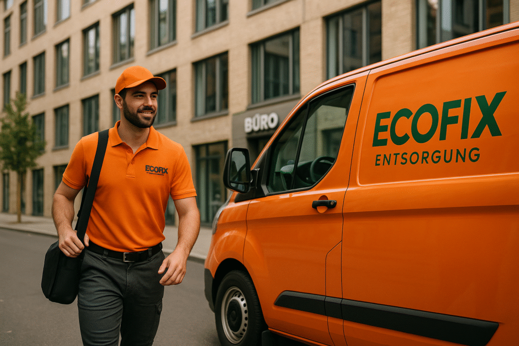 Ecofix Mitarbeiter kommt beim Kunden in Berlin an – moderner Entsorgungsservice vor Bürogebäude